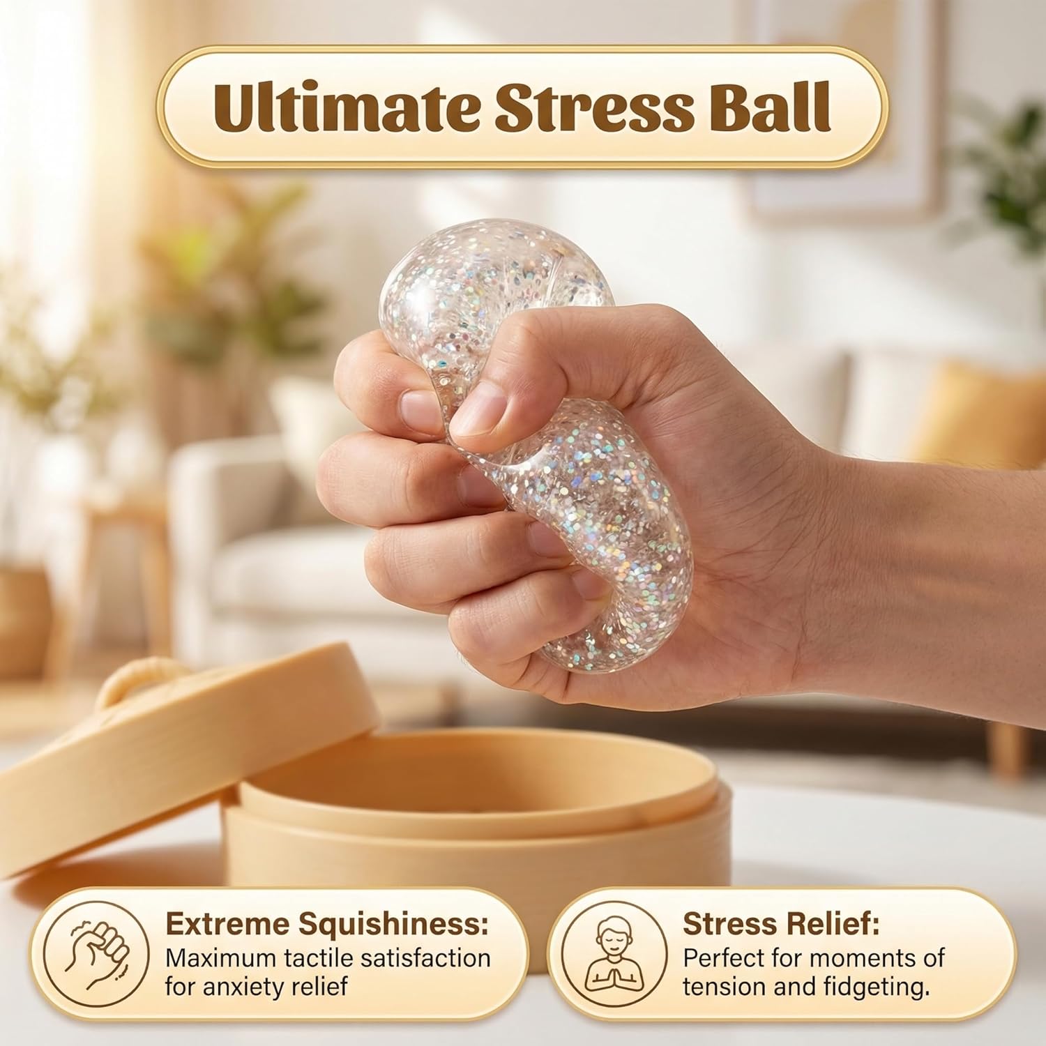 Sparkly Glitter Dumpling Squishy Stress Reliever with Mini Steamer Storage Case – Slow Rebound Tactile Sensory Item for Calming Nerves, Portable On-the-Go Comfort Accessory for All Ages
