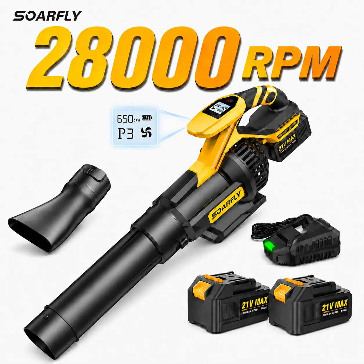 【650CFM/130MPH + Dual Battery】 SOARFLY Cordless Leaf Blower,  650 CFM Airflow Electric Leaf Blowers with 2×4.0Ah Batteries and Charger, LCD Display, 3 Speed Modes, Powerful Snow Blowers for Lawn Care, Patio, Dust, Blowing Leaves