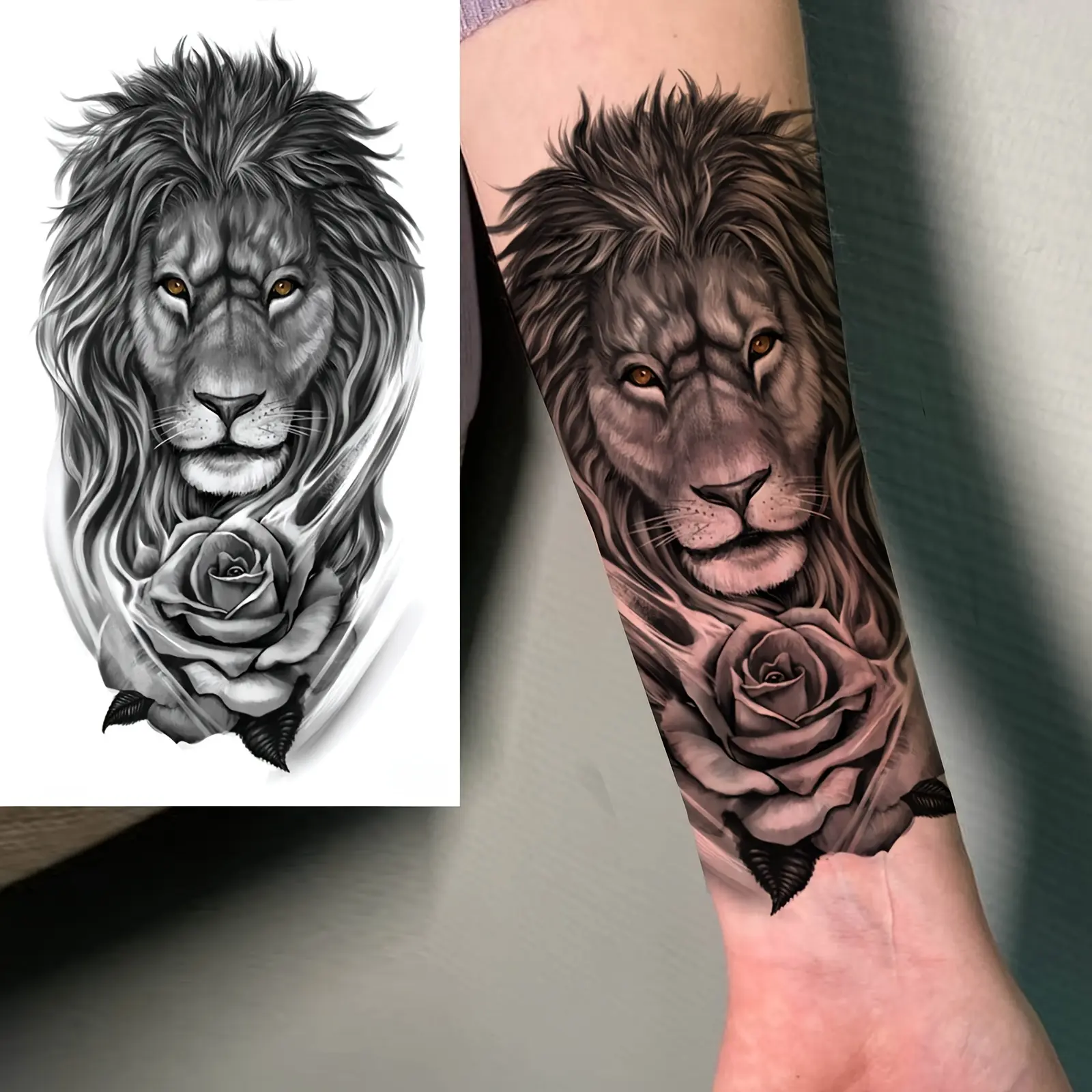 Realistic Temporary Tattoo Stickers, 6 Sheets of Waterproof Black Lion & Rose Designs, Long-Lasting Sleeve Body Art for Men & Women, Realistic Temporary Tattoos, Assorted Temporary Tattoos