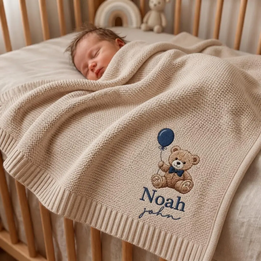 [Made-to-Order] Custom Teddy Bear Embroidered Baby Blanket, Personalized Balloon Knit Blanket with Name, Cute Bear Nursery Decor, Baby Shower Gift, Newborn Keepsake