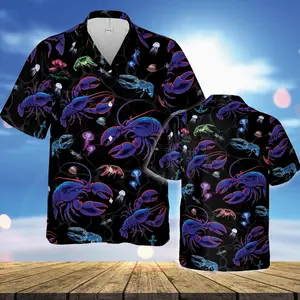 Printed Neon Lobster Hawaiian Shirt, Colorful Jellyfish Sea Life Print Beach Aloha Shirt, Funny Ocean Vacation Party Top, Summer Outfit