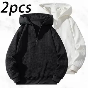 High-quality spring/autumn two-pack half-zip hoodies with a hood, American vintage laid-back vibe, three-dimensional wheat-spike jacquard knit fabric—breathable, skin-friendly, non-claustrophobic even when sweating, loose