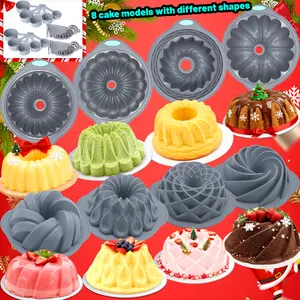 42/21 Pieces，8-Piece Silicone Wave-Patterned Hollow Disk Cake Baking Molds in Various Shapes, Jelly Molds Ideal for Homemade Cakes, Bread, and Jellies Non-Stick Design, Gray Color Perfect for Christmas Cakes and Jellies, Christmas Gifts