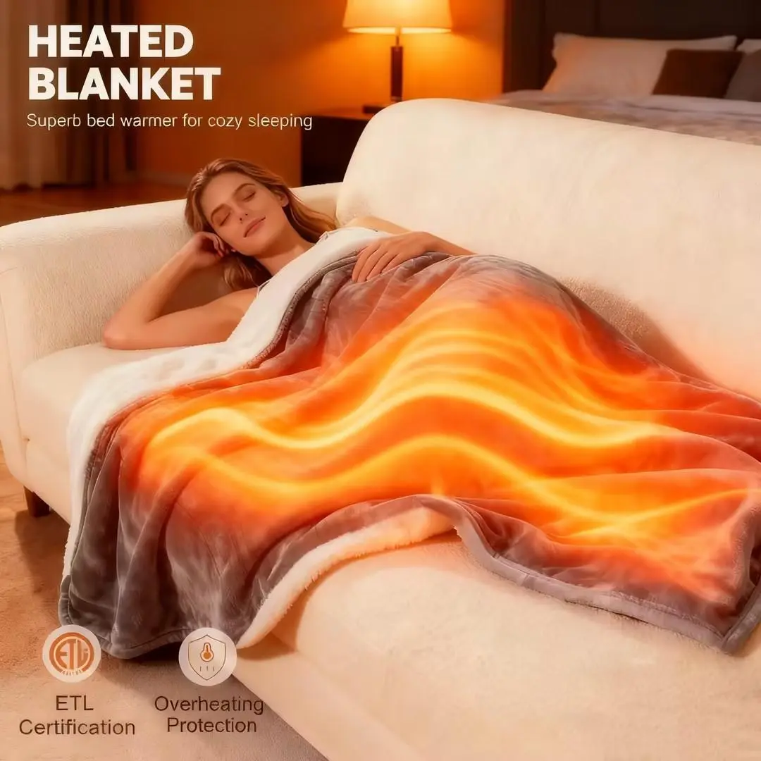 Heated Blanket Throw, 50''x60'' Heating Electric Blanket with 10 Heat Levels and Auto-Off, Washable Dual-Sided Flannel & Sherpa Fabric Electric Throw Blanket Warmer for Office Home Use