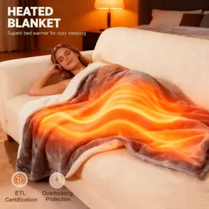 Heated Blanket Throw, 50''x60'' Heating Electric Blanket with 10 Heat Levels and Auto-Off, Washable Dual-Sided Flannel & Sherpa Fabric Electric Throw Blanket Warmer for Office Home Use