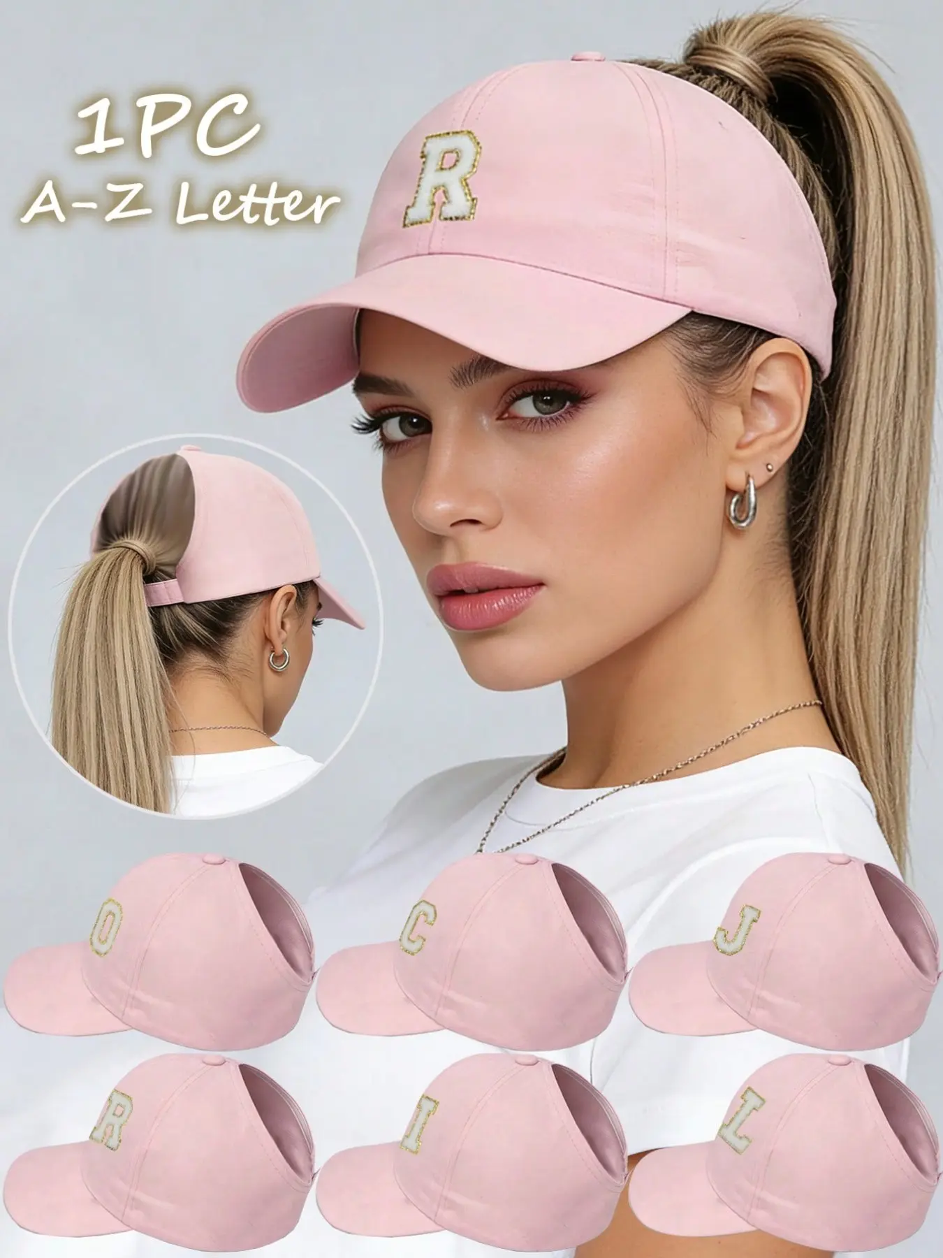 1pc Women Open Back Ponytail Baseball Cap, 26 Letters Embroidered Pink Peaked Hat, Fashion Outdoor Sun Protection Sports Hat, Casual Outdoor Hat
