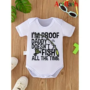 Infant Unisex Polyester Bodysuit, Casual Style Knit Fabric, Regular Fit, with "I'm Proof Daddy Doesn't Fish All The Time" Letter Print, for Newborn Short Sleeve Onesie, Baby Gift, for Outdoor