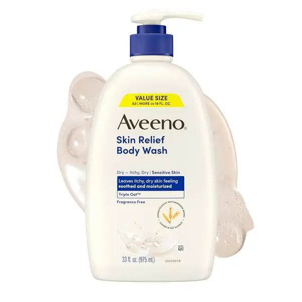 Aveeno Skin Relief Fragrance Free Body Wash Triple Oat Formula Gentle Daily Cleanser for Itchy Dry Sensitive Skin Soap & Paraben Free, Soothes Skin Dermatologist Recommended Brand 33 fl oz