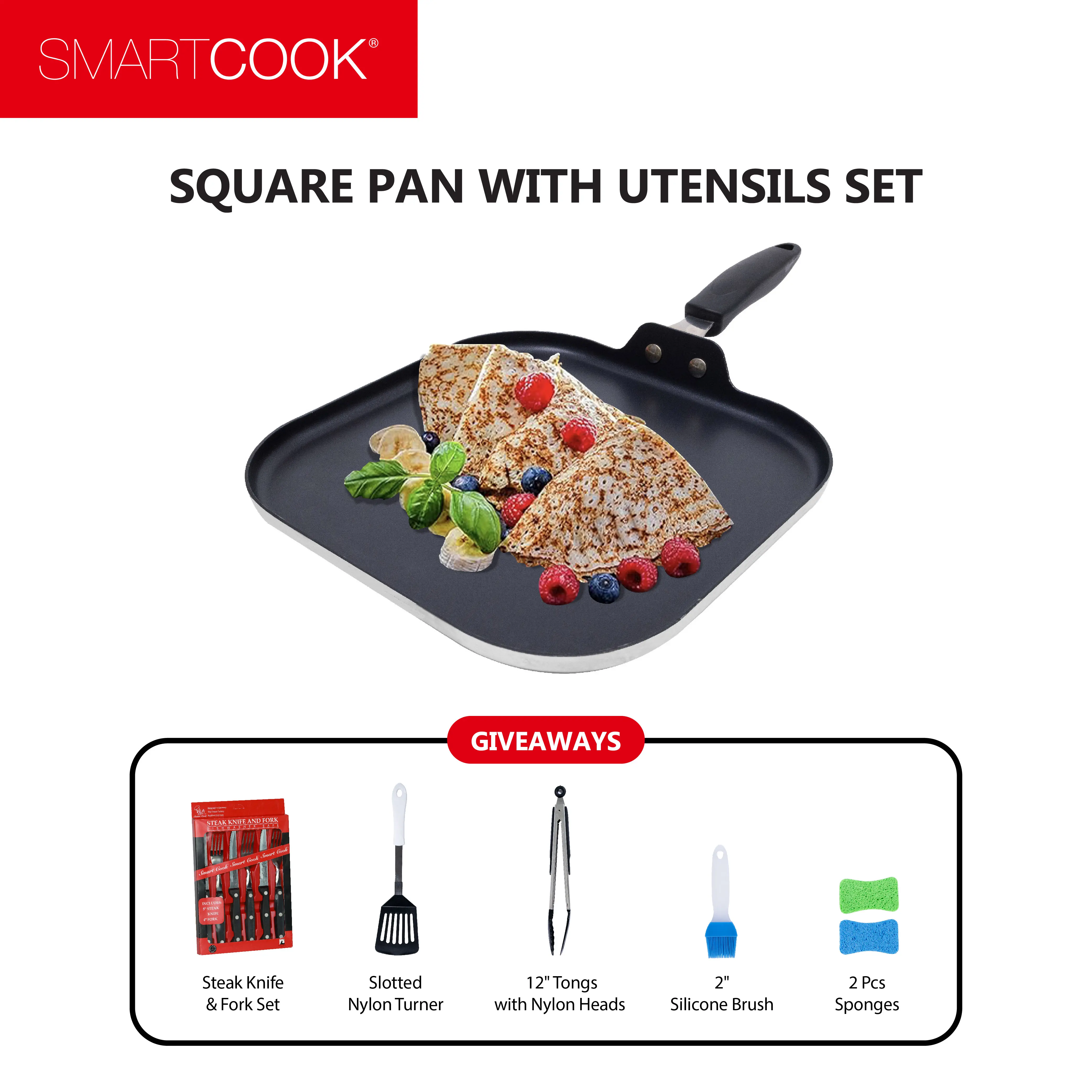 SmartCook 11-in Nonstick Square Aluminum Griddle-Grill Pan Cookware with Utensils Set, Durable Bakelite Handle, Lightweight, Quick-Wipe Nonstick Surface, Square Griddle Pan for Even Searing, Ideal for Grill Veggies, Meat and Eggs at Home
