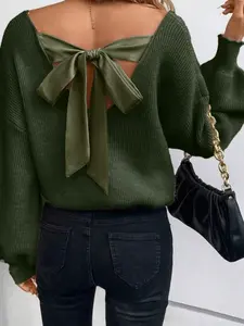 Women's Long Sleeve Sweater with Bow at Back, V Neck Ribbed Knit Top for Fall & Winter, Fashionable Casual Layering Tee Knitwear