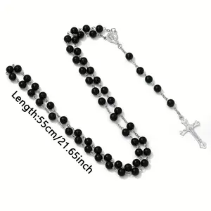 1pc Black Beaded Crucifix Catholic Rosary with Silvery Patterned Crucifix - A Dignified and Classic Prayer Devotional Item