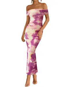 BTFBM Cocktail Dresses For Women 2026 Summer Off Shoulder Bodycon Ruched Mesh Black Split Elegant Floral Maxi Dress