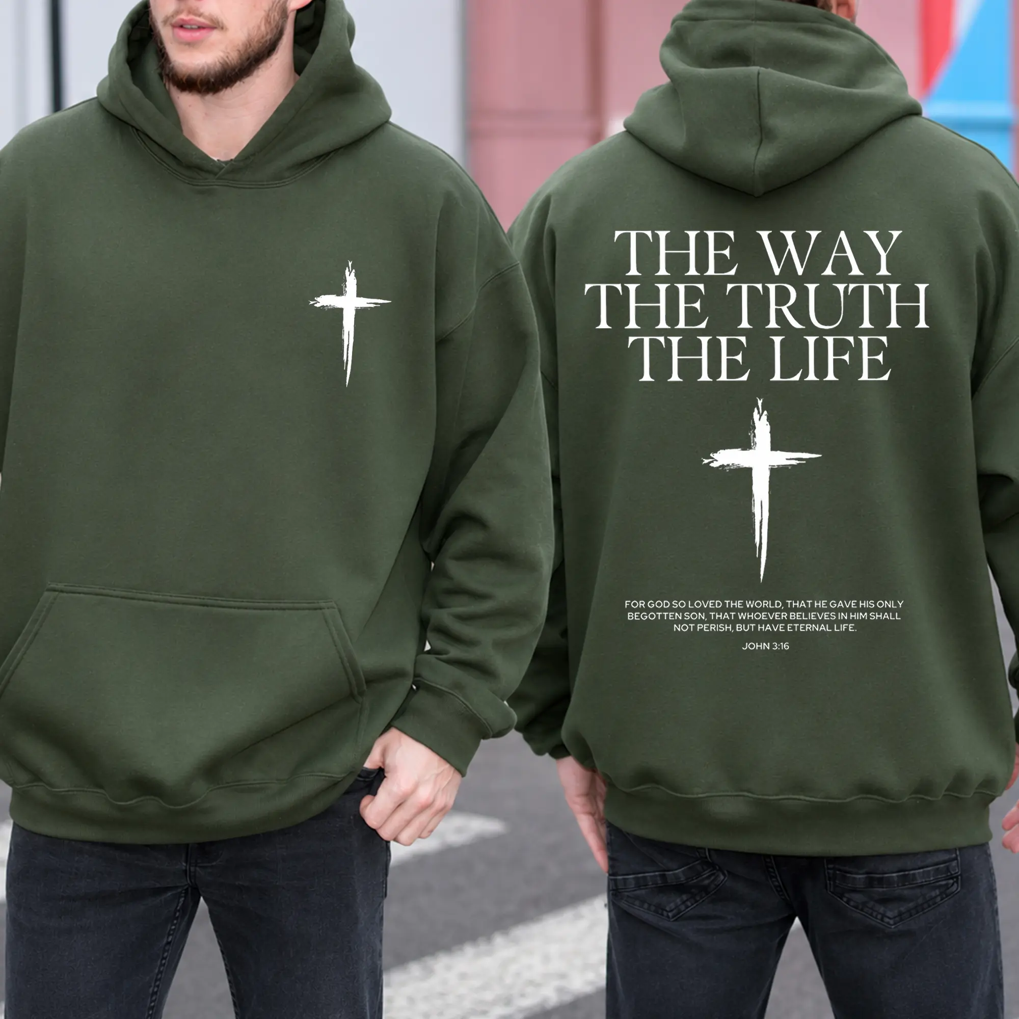 Christian Cross Hoodie, Front And Back Bible Verse Graphic Pullover, Soft Cotton Blend Unisex Faith Sweatshirt, Religious Church Worship Gift Top