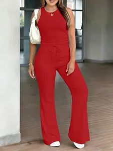 Women's Plain Sleeveless Top & Pants Set, Loose Fit Breathable Comfortable, Casual All-Season Wear, Home & Outdoor Use