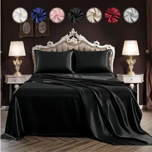 4pcs Silky Satin Bedding Set, Solid Color Fitted Sheet, Flat Sheet and Pillowcases, Soft Breathable Cooling Bedding, Dustproof Mattress Protector for Bedroom, Dorm and Hotel