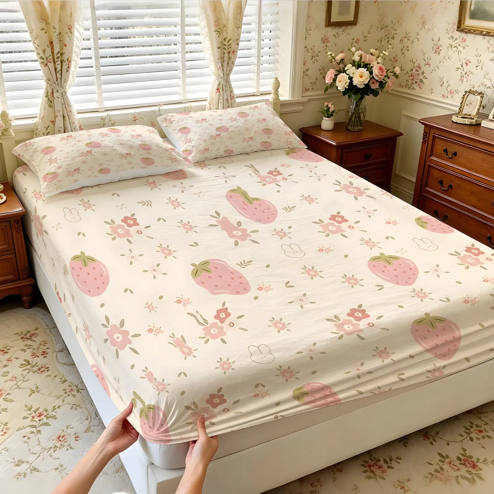 3Pcs Strawberry Floral Whisper Series Fitted Sheet (without Pillow Inserts), Breathable and Skin-Friendly Fabric, High-Elastic Edges Fit the Mattress Closely, Suitable for Bedrooms and Guest Rooms, with Practicality and Fresh Healing Charm.