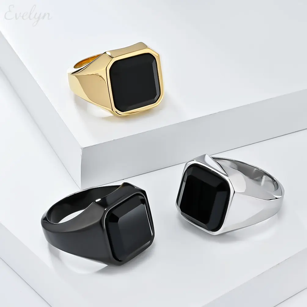Men’s Chunky Signet Ring With Black Square Stone, 3 Tone Polished Statement Band, Fashion Jewelry for Daily Wear & Gifts