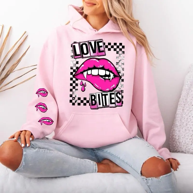 Love Bites Gildan hooded Sweatshirt with Sleeve design unisex sizing womenswear comfortable soft Casual Pullover Tops Fabric Pocket Mint Green Green Spandex Cotton Fit