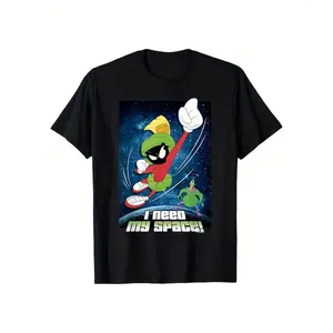 1 Men'S Casual Cotton T-Shirt with Marvin And Instant Mars Pattern Round Neck Hot Transfer Printed Knitted Fabric All Year Round - Black