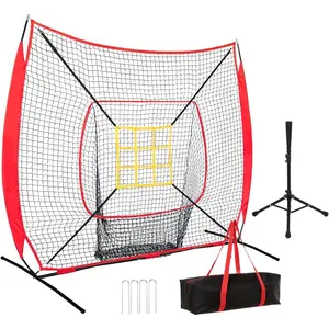 7x7 Ft Baseball and Softball Training Net with Batting Tee, Strike Zone Target, Portable Hitting and Pitching Practice Set
