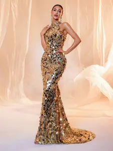 Sleeveless Backless Sequin Floor-Length Party Evening Gown Dress, Elegant Halter Neck Prom Ballgown, Women's Formal Wear Elegance, Sequins Mermaid Dress
