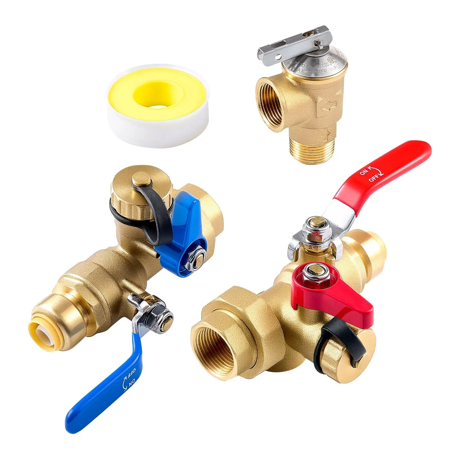Water Heater Kit For Tankless Systems, 3/4 Inch Service Valve Set With Two 3/4 NPT To 3/4 PTC Isolation Valves, Pressure Relief Valve, Fits Most Tankless Water Heaters, Lead-Free Brass, Easy Installation And Maintenance