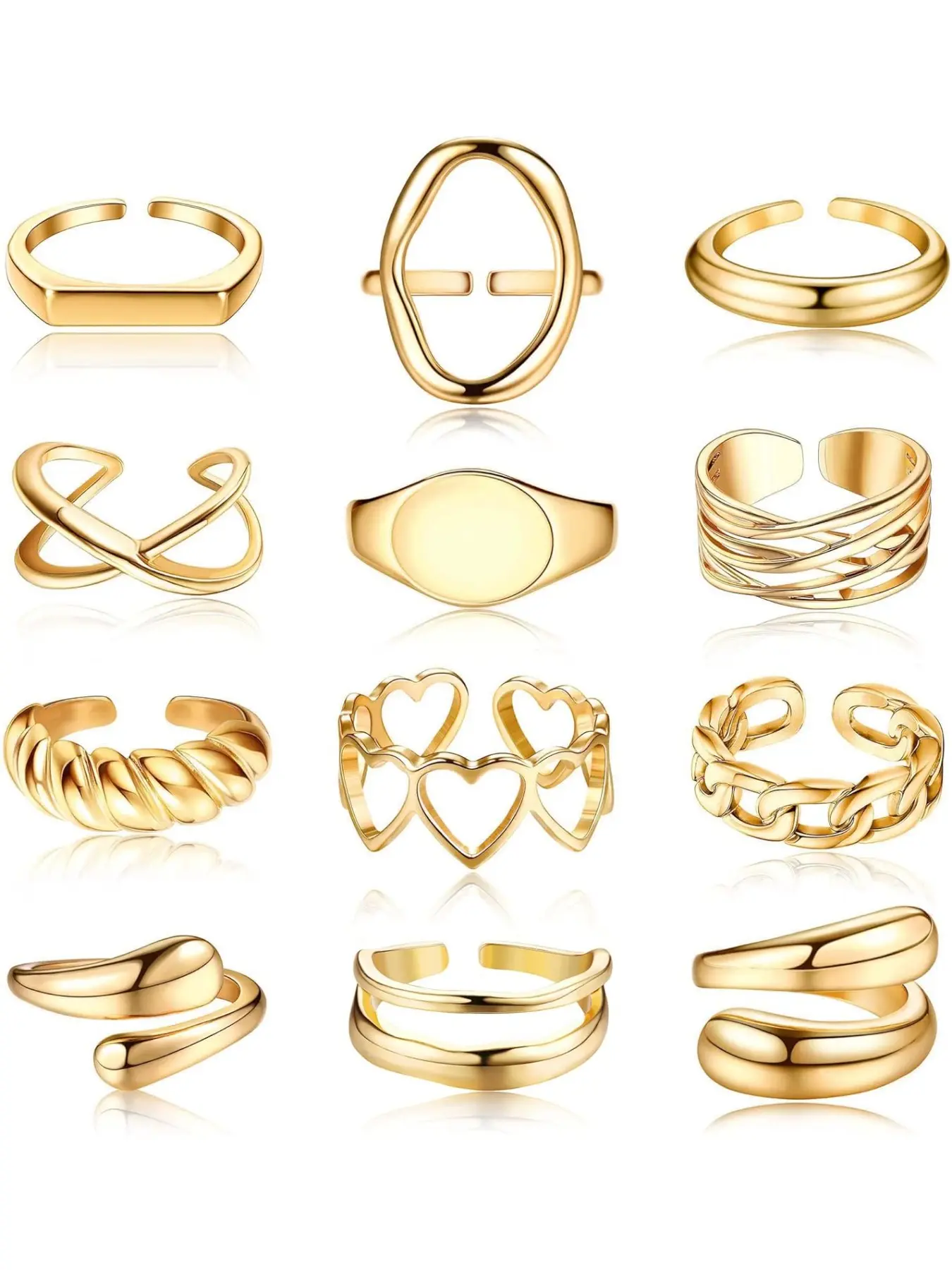12pcs Dome Chunky Rings for Women, Gold Plated Croissant Design, Braided Twisted Style, Adjustable Open Stackable Ring Set