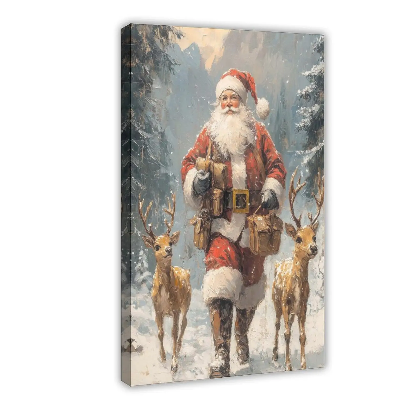 Vintage Santa Claus & Reindeer Forest Snowfall Wall Art Print, Moody Printable Home Decor Painting, Christmas Gift Posters & Prints