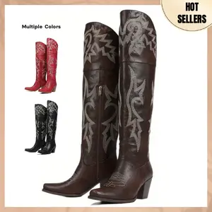 Knee High Tall Cowboy Boots Women Vintage Embroidered Pointed Platform Over the Knee Cowgirl Boots Fashion Square Toe Chunky Heel Western Over-The-Knee Vacation Boots