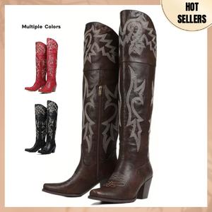 Knee High Tall Cowboy Boots Women Vintage Embroidered Pointed Platform Over the Knee Cowgirl Boots Fashion Square Toe Chunky Heel Western Over-The-Knee Vacation Boots