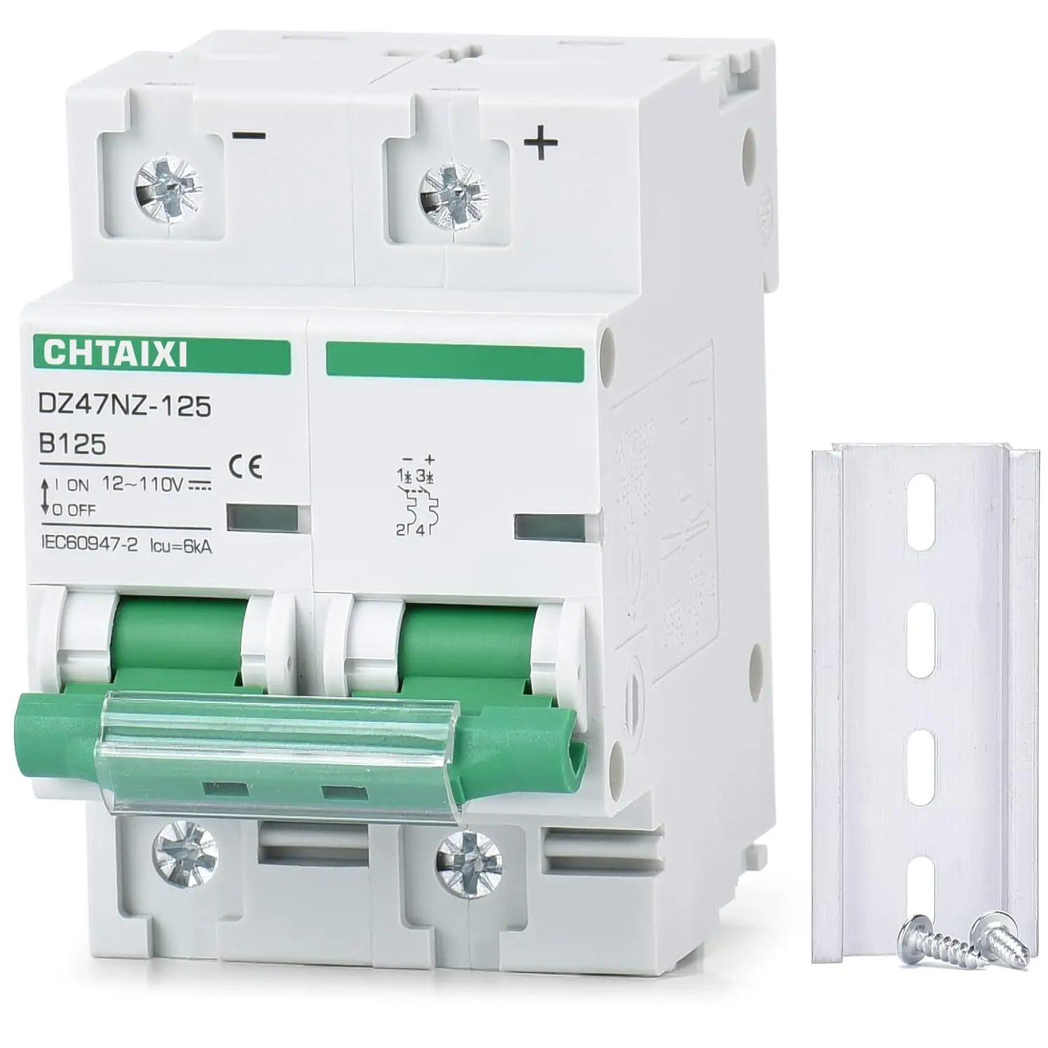 12V-110V DC Miniature Circuit Breaker, 125 Amp 2 Pole Battery Breaker Protector for Solar PV System and RV, Thermal Magnetic Trip, DIN Rail Mount, High Current DC Disconnect Switch MCB 2P B125