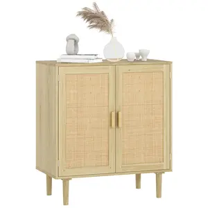 HOMCOM Sideboard Buffet Cabinet, 47" Boho Buffet Table, Rattan Coffee Bar Cabinet with 3 Doors and Shelves for Kitchen, Living Room, Entryway, Natural