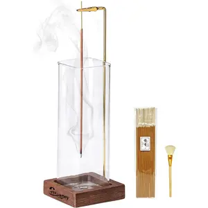 Ceremony Incense Holder, Wooden Incense Holder for Sticks with Glass Ash Catcher, Anti-ash Incense Burner with 20 Incense Sticks and a Ash Brush for Meditation Yoga Spa Room Decor