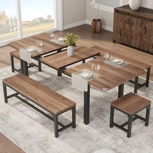 Garvee 47.3"-63" Extendable Dining Table for 4-8, Rectangular Wood Kitchen Table with Strong Metal Frame, Industrial Long Dining Room Table with 2 Benches and 2 Stools for Kitchen Living Room Home