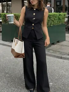 Women's Casual Style Solid Color Sleeveless Fitted Vest Set, High Waist Flare Straight Leg Pants, 2 Piece for Daily Wear
