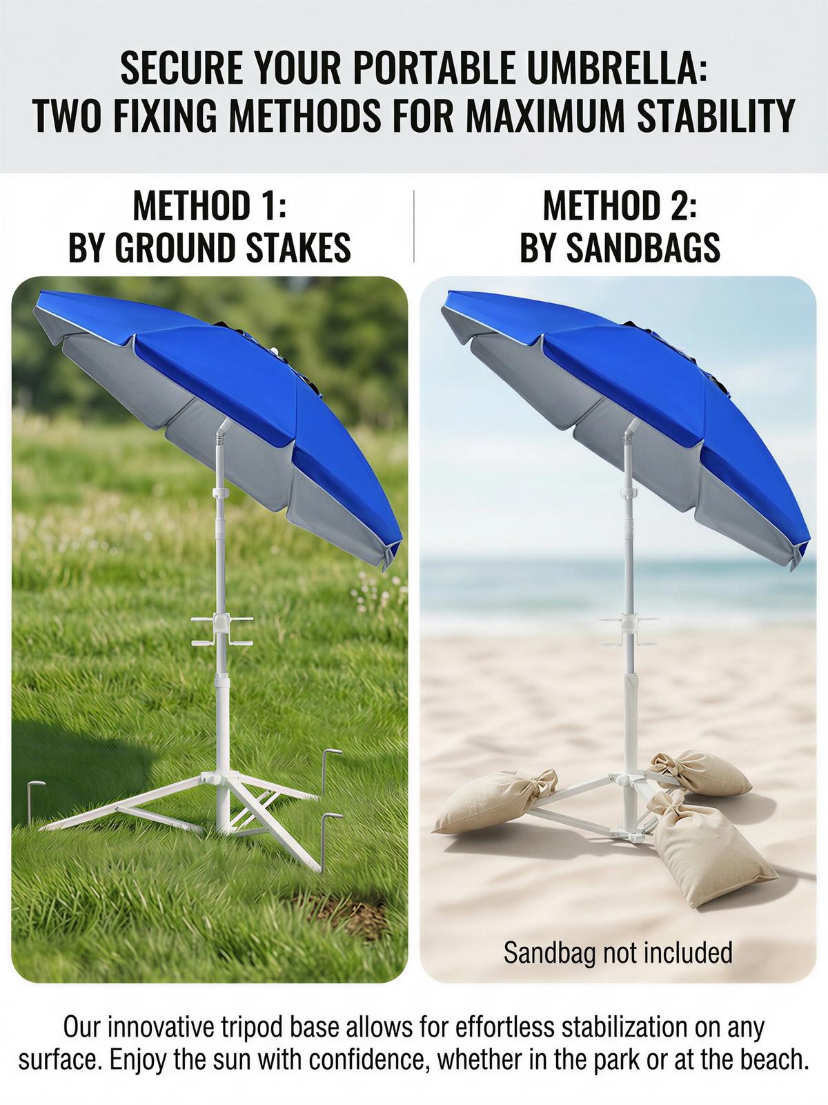 Portable Umbrella with Stand, UPF 50+ Sports Sun Shade Umbrella with Carry Bag, Hook and Cup Holders, Adjustable Instant Sun Protection for Sports, Beach, Royal Blue, Fishing