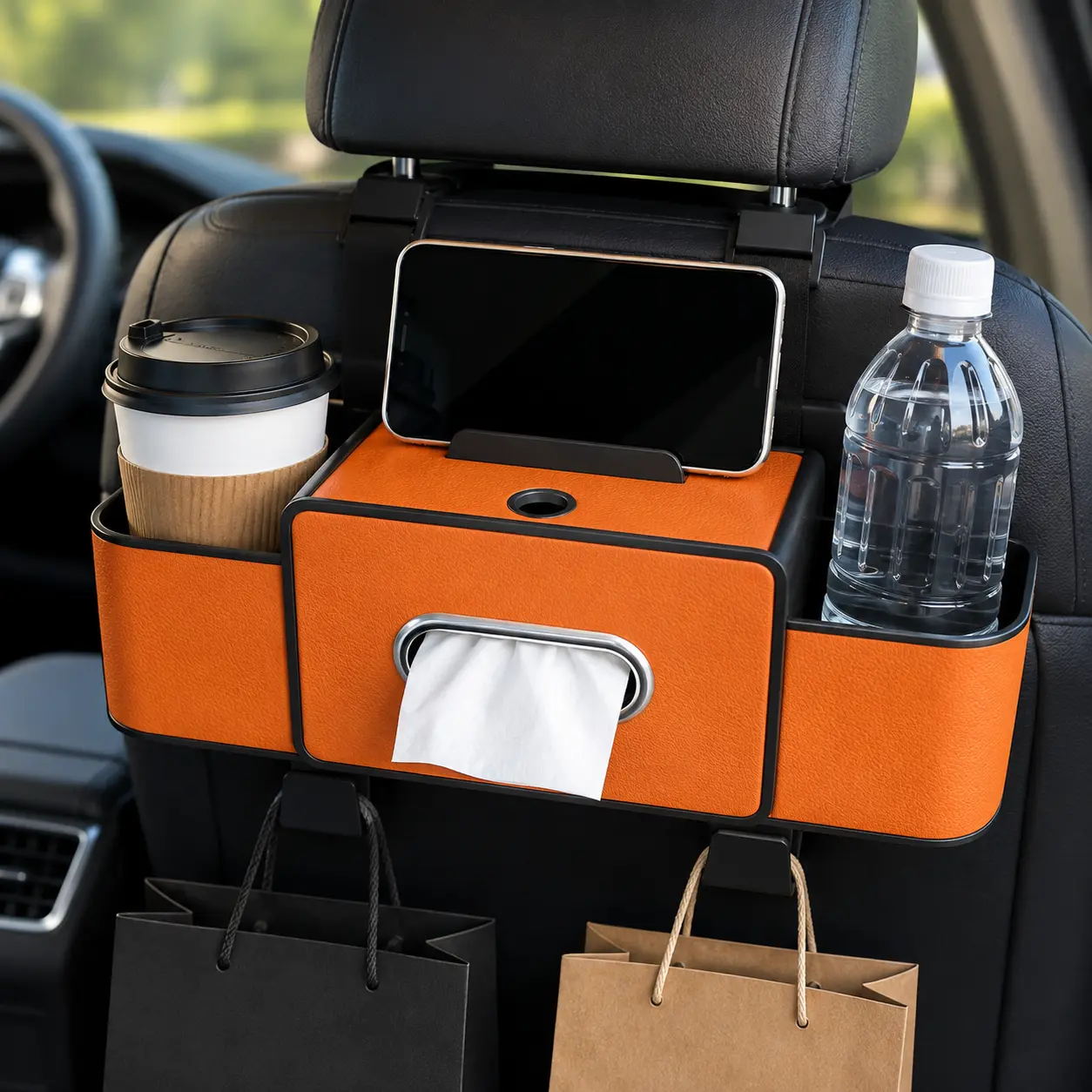 Car Backseat Organizer with Tissue Dispenser, Dual Cup Holder Trays, Phone Stand and Bag Hooks, Multi-Functional Headrest Storage Box for Car Interior