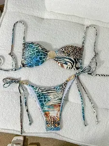 Multicolor Leopard Print Bikini Set, Stylish Swimsuit for Women, Perfect Beachwear & Poolside Fashion, Comfortable & Trendy Design, Tie Back Bikini