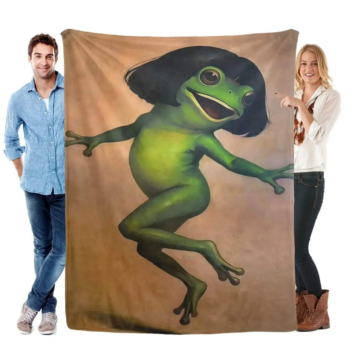 Whimsical Dancing Frog Throw Blanket with Black Hair - Funny Meme Art Fleece, Quirky Green Aesthetic Room Decor, Cozy Bedding for Frog Lovers, Unique Birthday Gift for Teens, Stylish Living Room & Office Sofa Cover