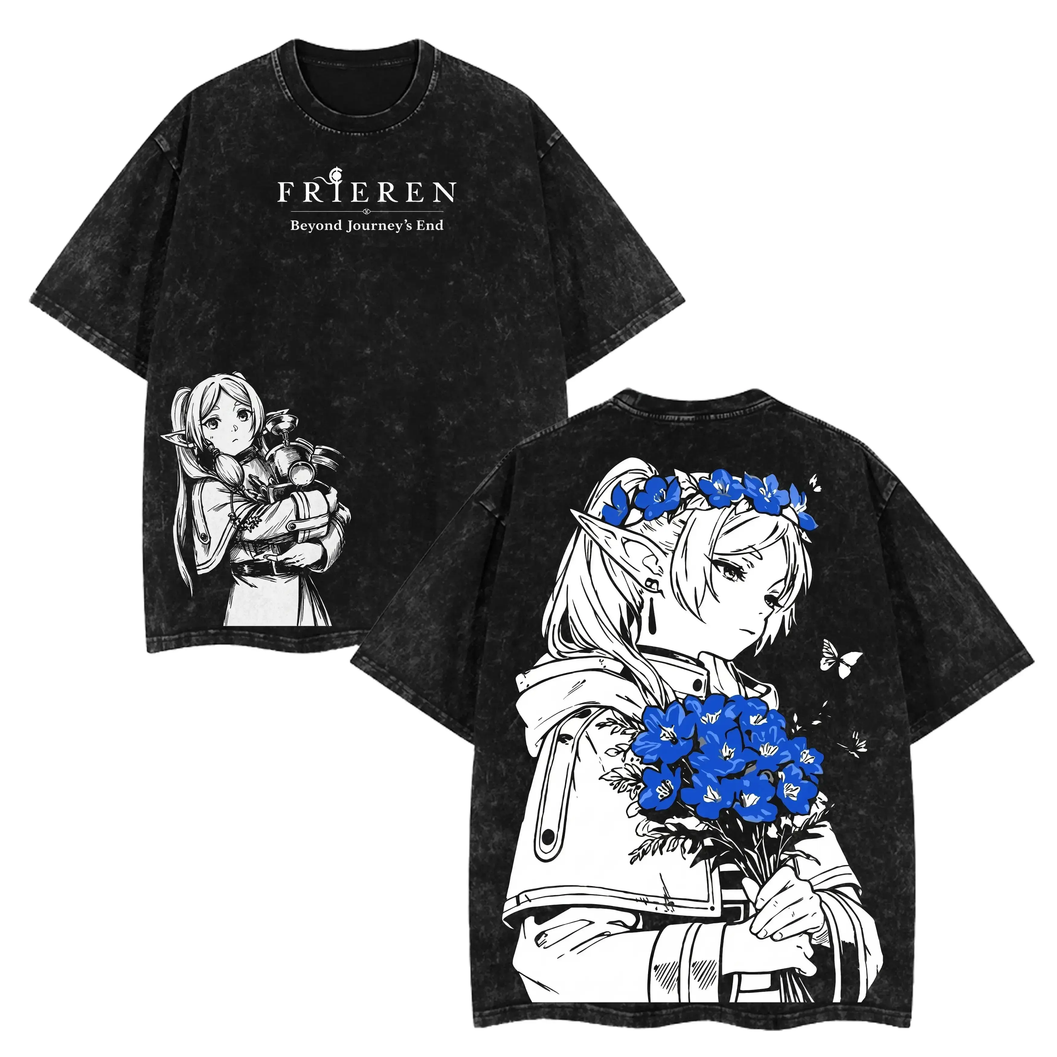 Harajuku Anime Frieren Beyond Journey's End Vintage Retro Acid Washed Oversized T-Shirt, Heavyweight Cotton Unisex Anime Manga Tee, Anime Merch, Menswear Streetwear, Gift for Anime Fan.