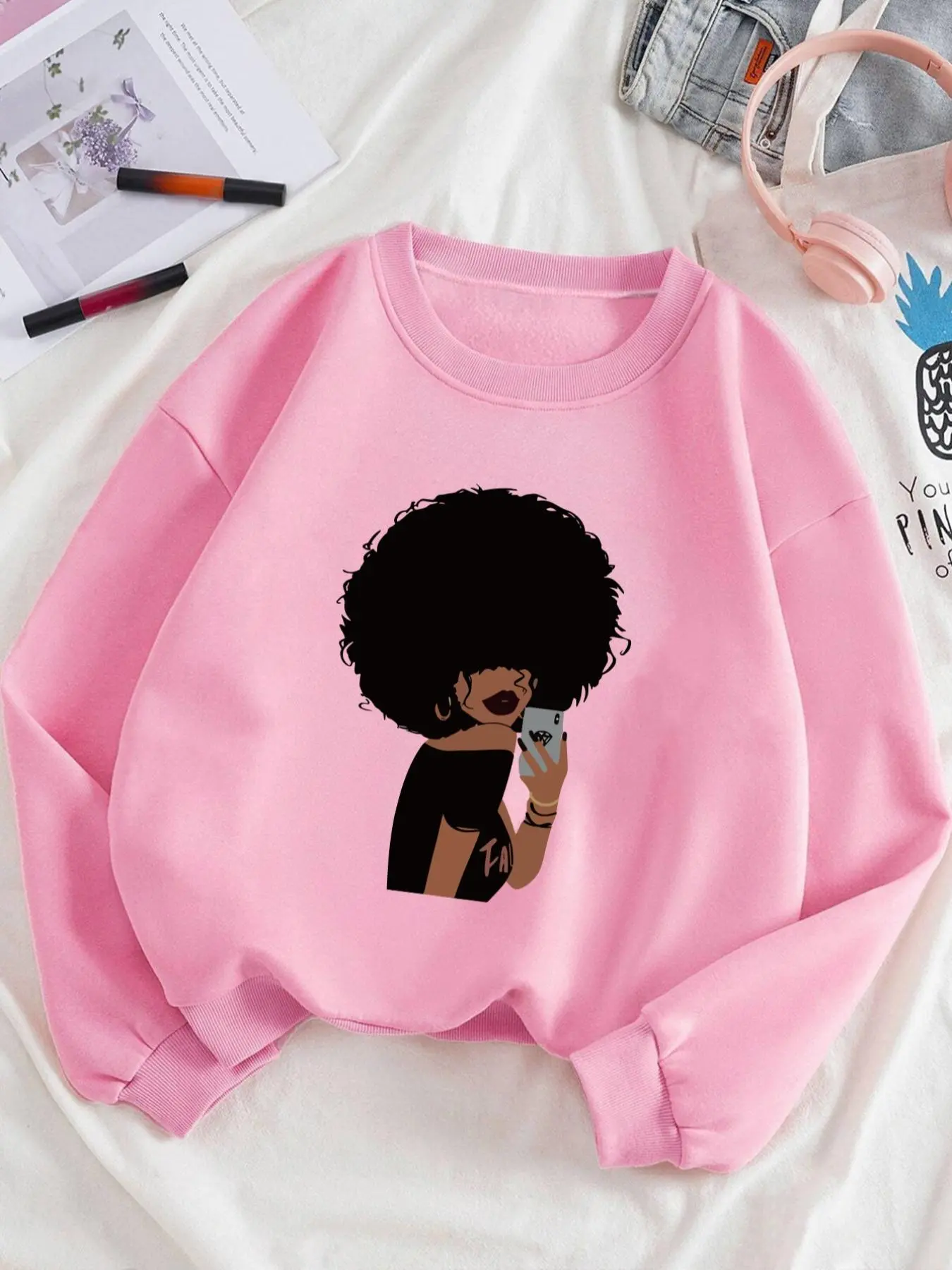 Women's Afro Girl Print Crew Neck Sweatshirt, Casual Long Sleeve Pullover, Women's Top for Fall & Winter, Womenswear