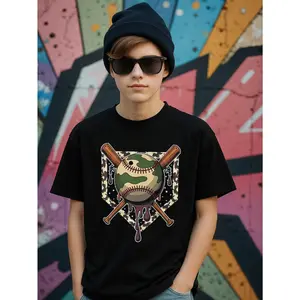 Tween Boy's Camo Baseball Graphic Cotton T-Shirt, Black With Camo Baseball Graphic, Perfect Gifts To Christmas, Game Day, Sports Party Exquisite Shirts For Holiday Tween Boy T-Shirt Loves - Camo Baseball, Kids Summer/Fall Clothes, Round Neck Casual Exquis