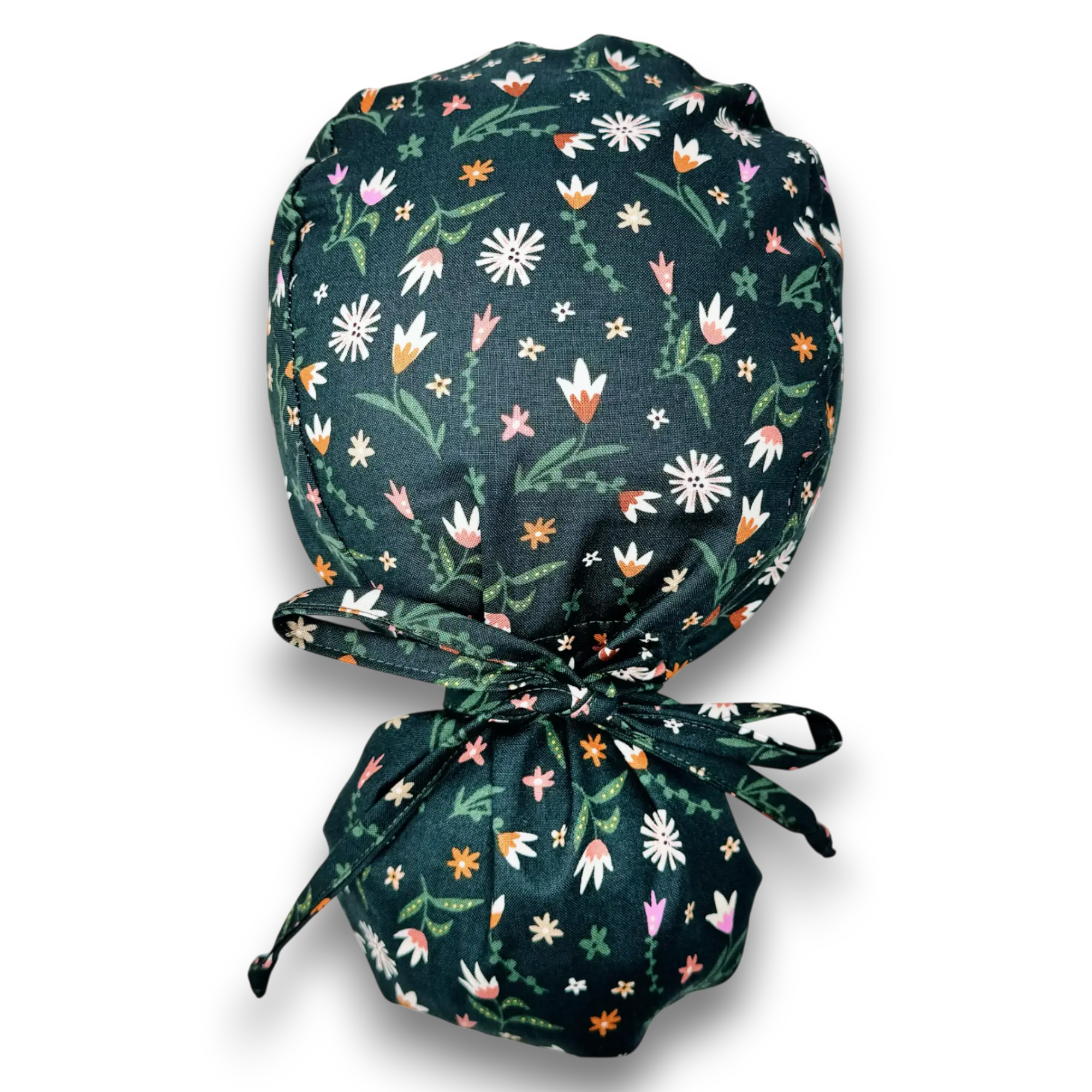 Floral Ponytail scrub cap for women with satin lined option by Paradise Caps.