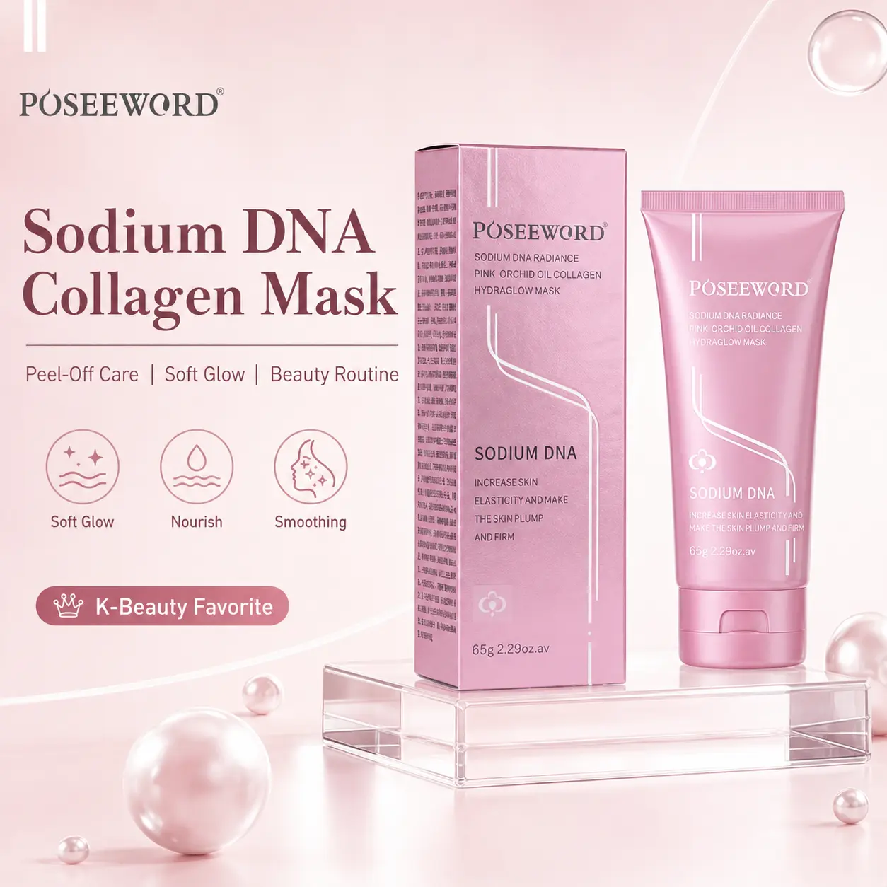 POSEEWORD Collagen Peel-Off Face Mask, Pink Orchid Oil & Sodium DNA Hydraglow Facial Mask, Hydrating Wrapping Mask for Soft Smooth Plump-Looking Radiant Skin, K-Beauty Home Spa Skincare, 65g / 2.29 oz