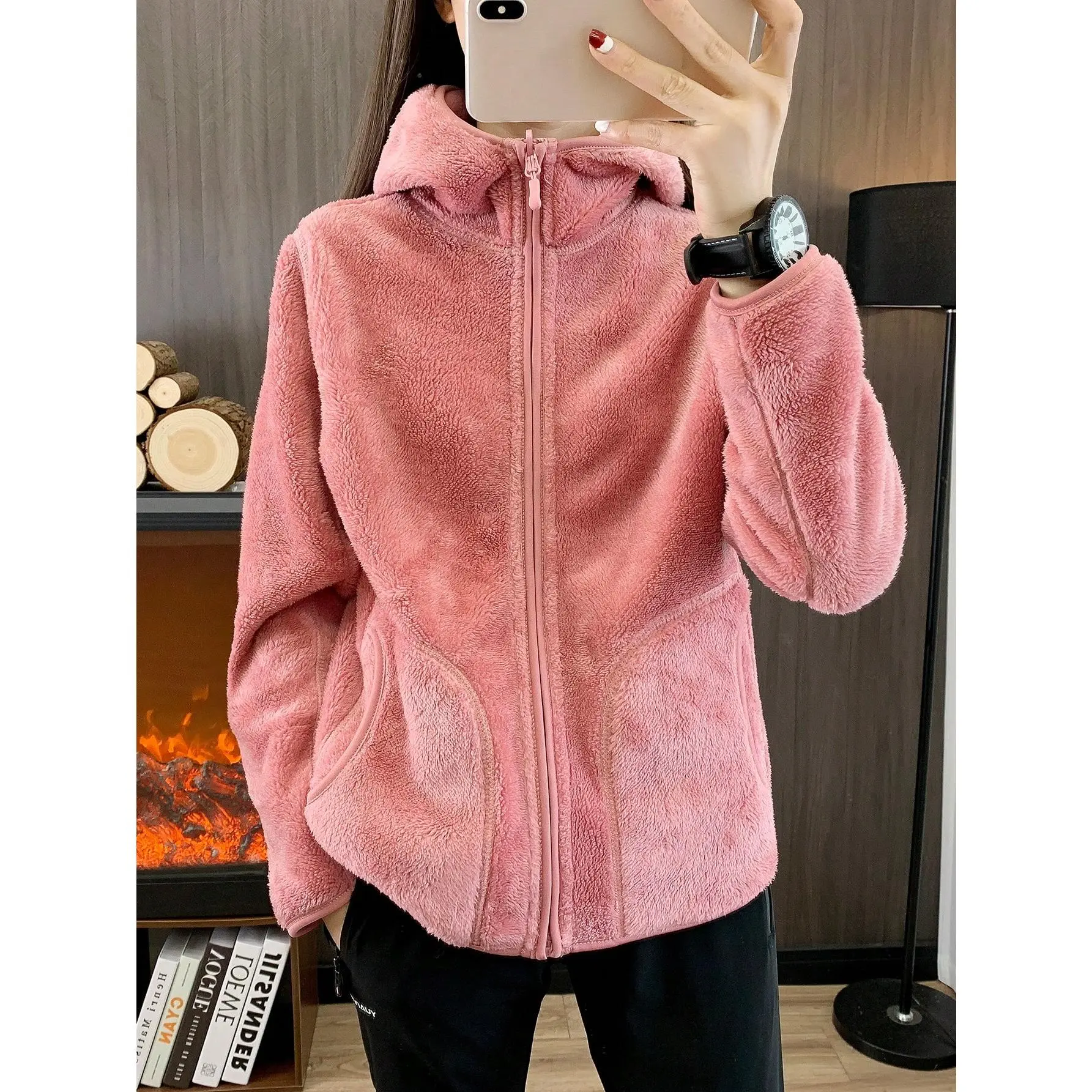 1pc Women Thermal Lined Hooded Jacket, Loose Reversible Casual Warm Outerwear For Indoor & Outdoor Activities, Autumn/Winter