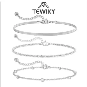 Tewiky Silver Ankle Bracelets for Women,Dainty Layered Waterproof Anklet for Women Adjustable Sparkly Herringbone Beaded Rope Chain Set Stackable Cute Summer Beach Jewelry Gift