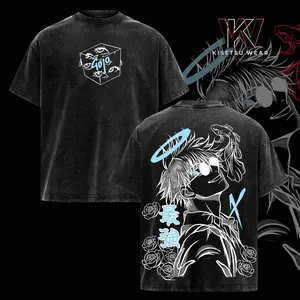 Gojo Satoru Vintage Washed Oversized Graphic T-Shirt - Jujutsu Kaisen Anime Streetwear Men Women Soft Cotton Casual Acid Wash Tee Heavyweight JJK Merch Y2K Top Kisetsu Wear Strongest Sorcerer Manga Apparel Gift For Otaku Retro Japanese Anime Clothing