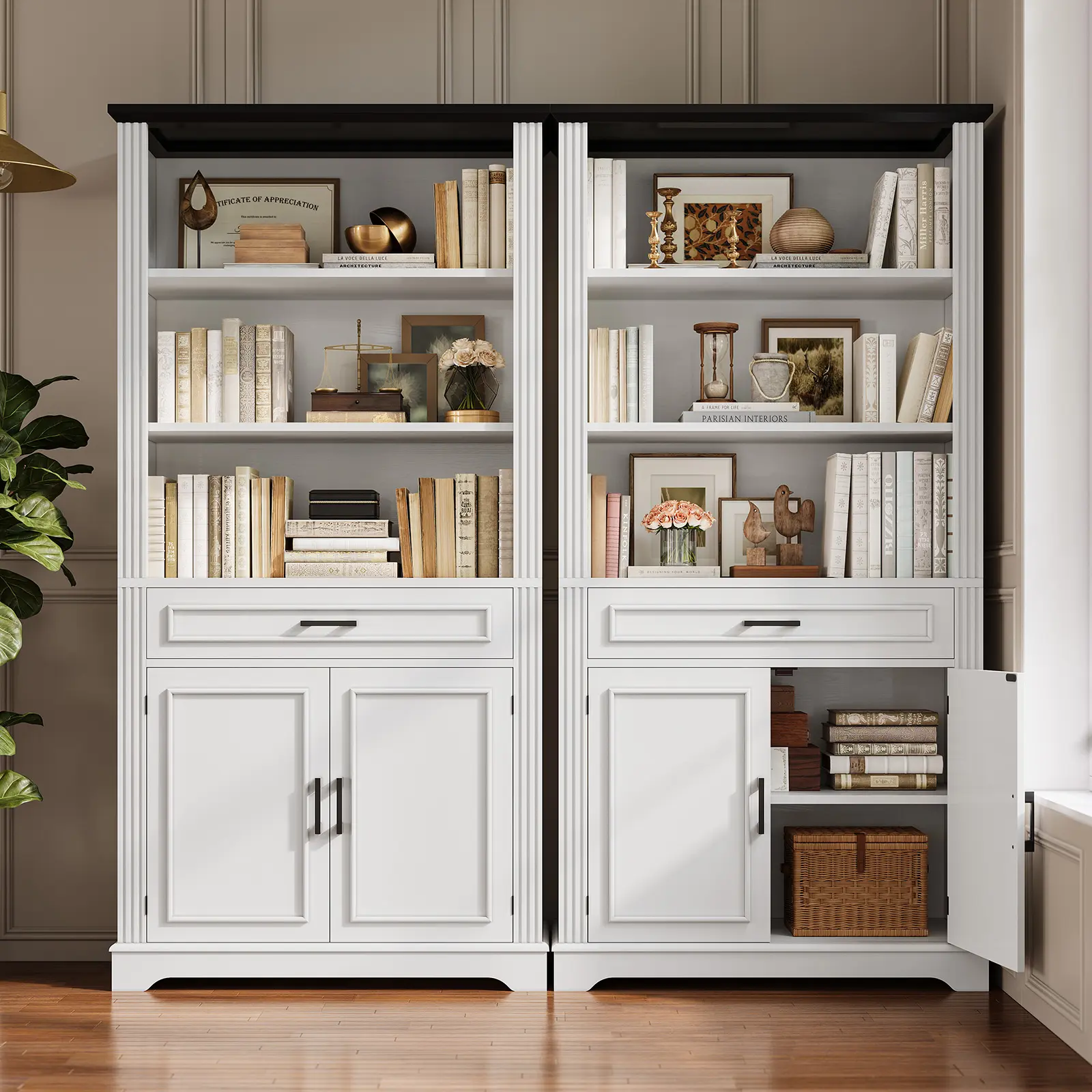 Sedeta Farmhouse 6-Shelf Bookshelf with Drawers - 70.7in Tall P2 MDF Wood Furniture, 13.8inD x 31.5inW x 70.7inH, Handcrafted Grooves, Freestanding Cabinet with Doors, Hidden Storage, Adjustable Shelves, 300lb Capacity, for Home Office