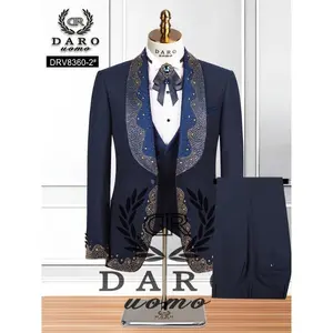 Fashion men's wear�� Men's 3pcs Luxury Tailored Tuxedo Set with Tailcoat, Vest & Pants - Navy  & Golden Collar, Formal Party Wedding Gala Evening Suit, All-Season Elegant Men's Clothing, Solid Color Non-Stretch Fabric,  Clean Only, Ready-to-