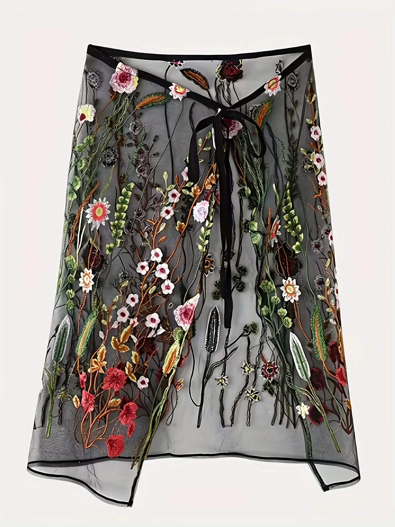 Sheer Mesh Floral Embroidery Midi Skirt for Women, Tie Waist High-Low Hem Elegant Party Casual Dress, Outerwear Bottoms